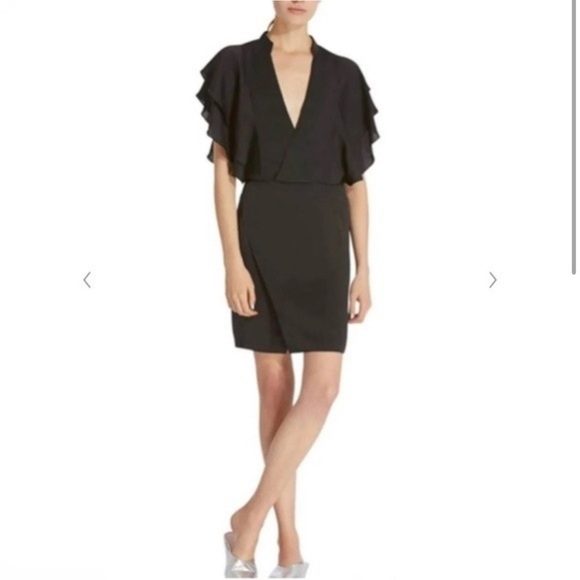 Avec Les Filles Women’s Black Ruffle Flutter Sleeve LBD Deep V Neck Mini Dress M - Picture 10 of 10